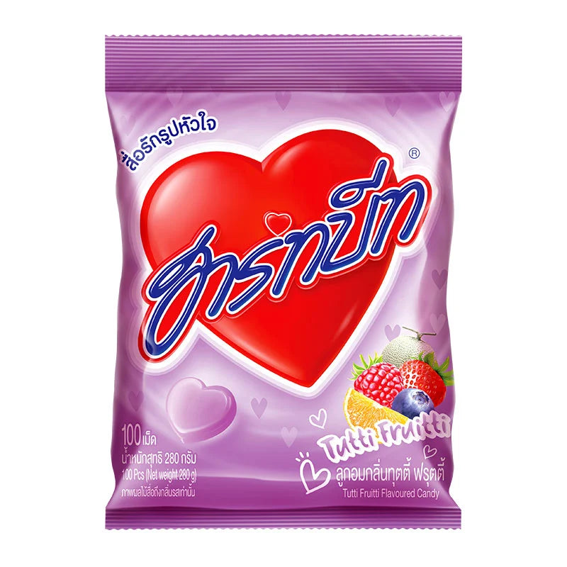 HARTBEAT Tutti Fruitti flavor candy 100-piece pack with colorful, fruit-flavored chewy candies in a clear bag.