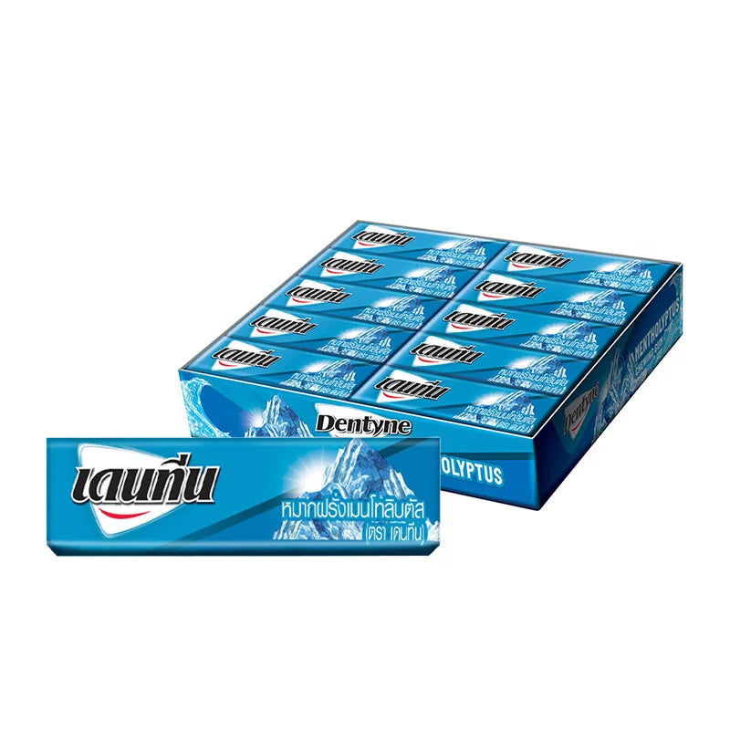 Dentyne Stick Gum Mentholyptus 12.5g package featuring fresh mint and menthol flavor, with 20 packs visible in the image.