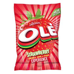 OLE Candy Strawberry Flavored 100 tablets in a clear container, bright red candies with strawberry flavor, for dry grocery and snacks.