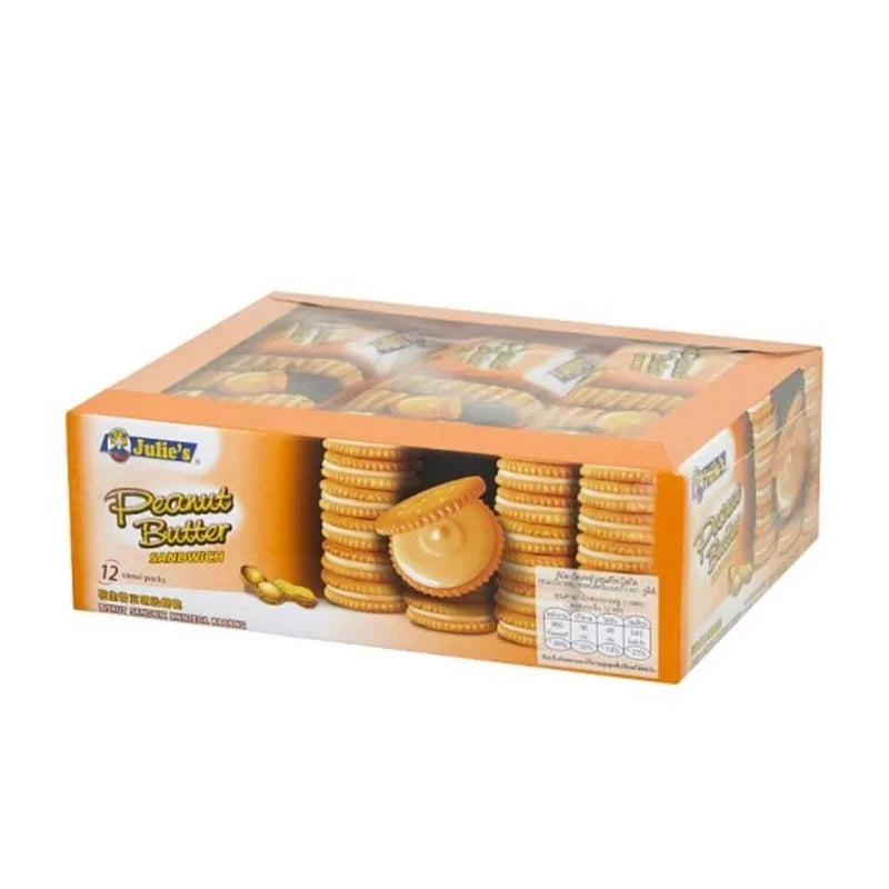 JULIE'S Peanut Butter Cookies 15g, 12-pack, showing a close-up of golden-brown cookies with peanut butter filling in a clear container.