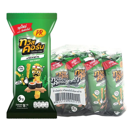 PR Twist Corn Snack in Nori Seaweed flavor, 18g pack, showing crispy corn twists coated with seaweed seasoning.