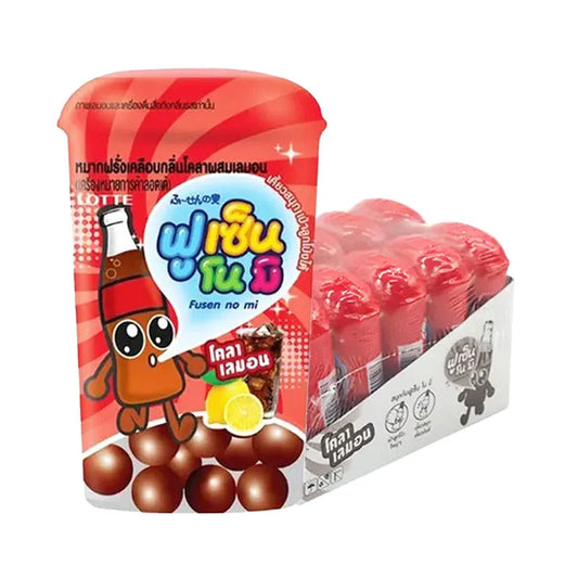 LOTTE Cola Fusen Gum in 15g packs, showing colorful bubble gum pieces with cola flavor in a clear plastic bag.