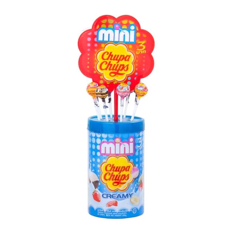 Assorted Chupa Chups Mini Lollipops with creamy flavor in a 50-piece pack, featuring colorful wrappers and small size.
