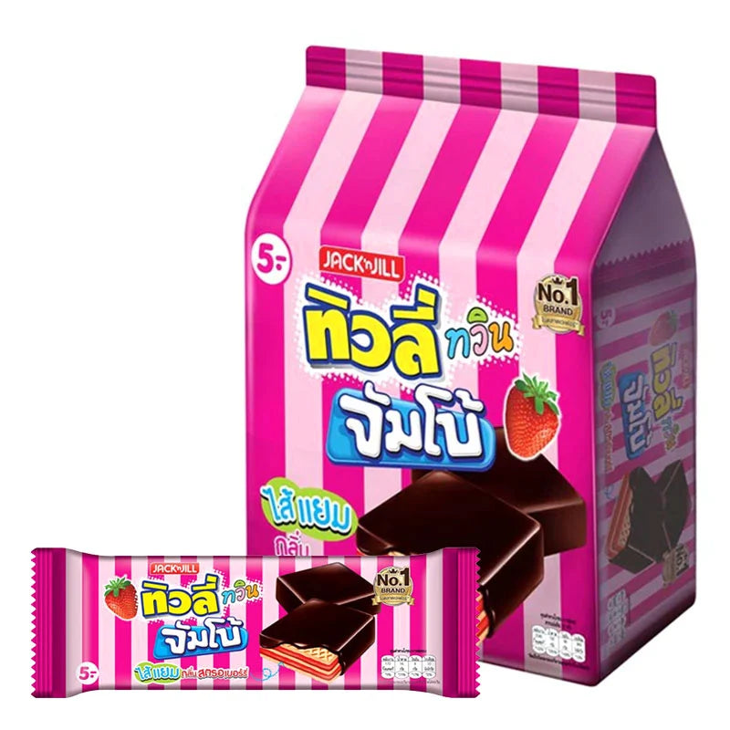 TIVOLI Twin Jumbo Strawberry Candy pack with 12 colorful candies in clear packaging, showcasing bright red strawberry flavor.