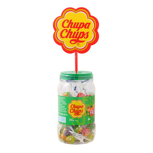 Chupa Chups Fruit Lollipop Candy in 9.5g pack with colorful fruit flavor, shown in a close-up image.