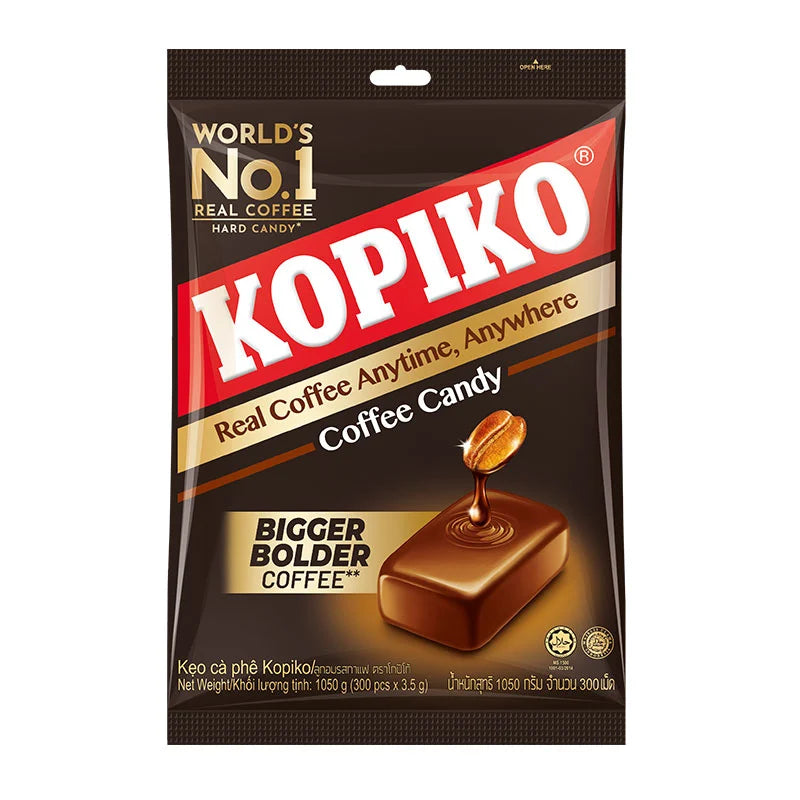 KOPIKO Coffee Candy 300 pieces in a clear plastic bag, featuring individually wrapped coffee-flavored candies with KOPIKO branding.