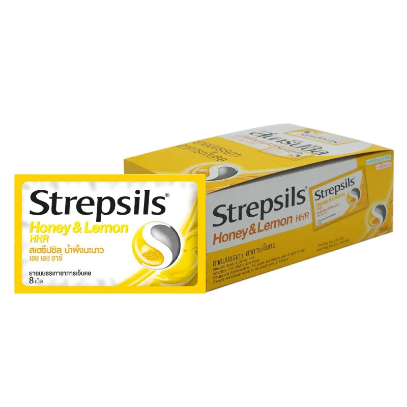 Box of STREPSILS Honey Lemon throat lozenges with 8 pieces per pack, featuring honey and lemon flavor, in a colorful package.