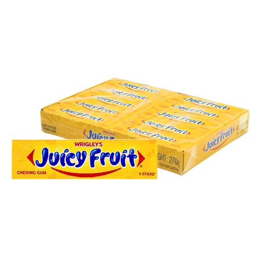 Wrigley's Juicy Fruit Gum 13.5g pack, 20 pieces, featuring colorful packaging with pieces of gum visible inside.