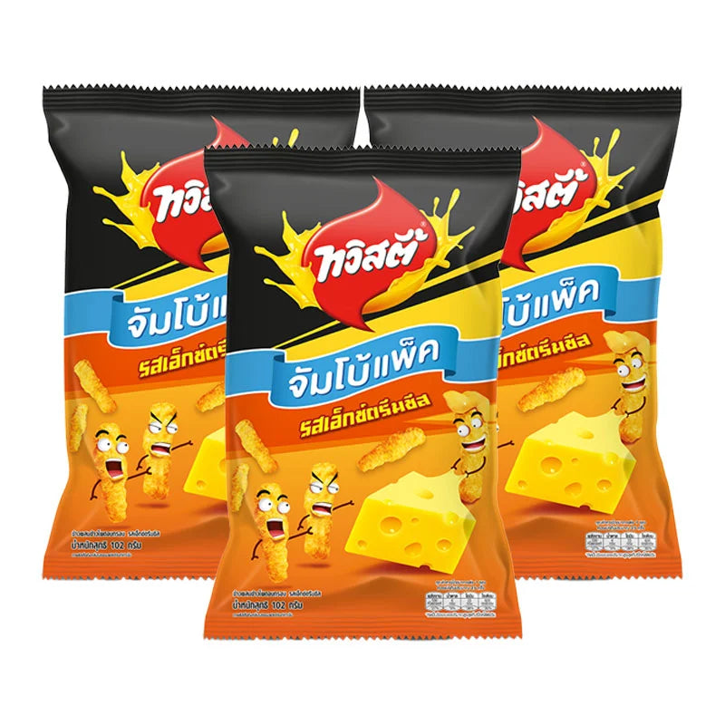 TWISTIES Extreme Cheese flavored rice and corn snack in 68g packs, showing crispy snack pieces coated with cheese flavor.