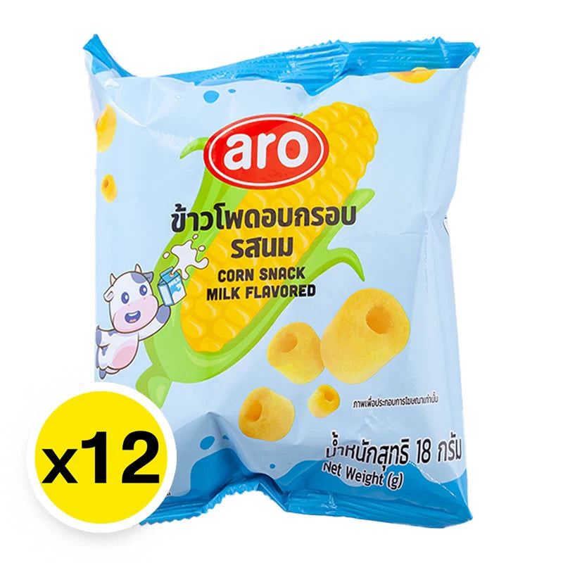A box of ARO Corn Snack Milk 18g x 12 packs, featuring colorful packaging with images of corn snacks and milk.