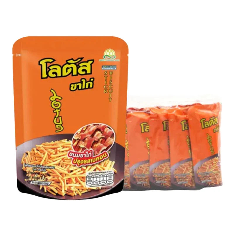 Lotus Stick Bacon Biscuit 20g, pack of 12, showing crispy bacon-flavored biscuits in individual packaging.