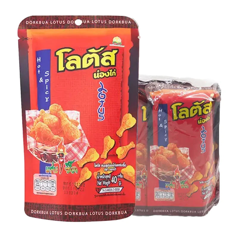 Lotus Stick Biscuit Hot & Spicy 40g pack, four-pack, showing crispy, spicy snack sticks with Lotus branding on the packaging.