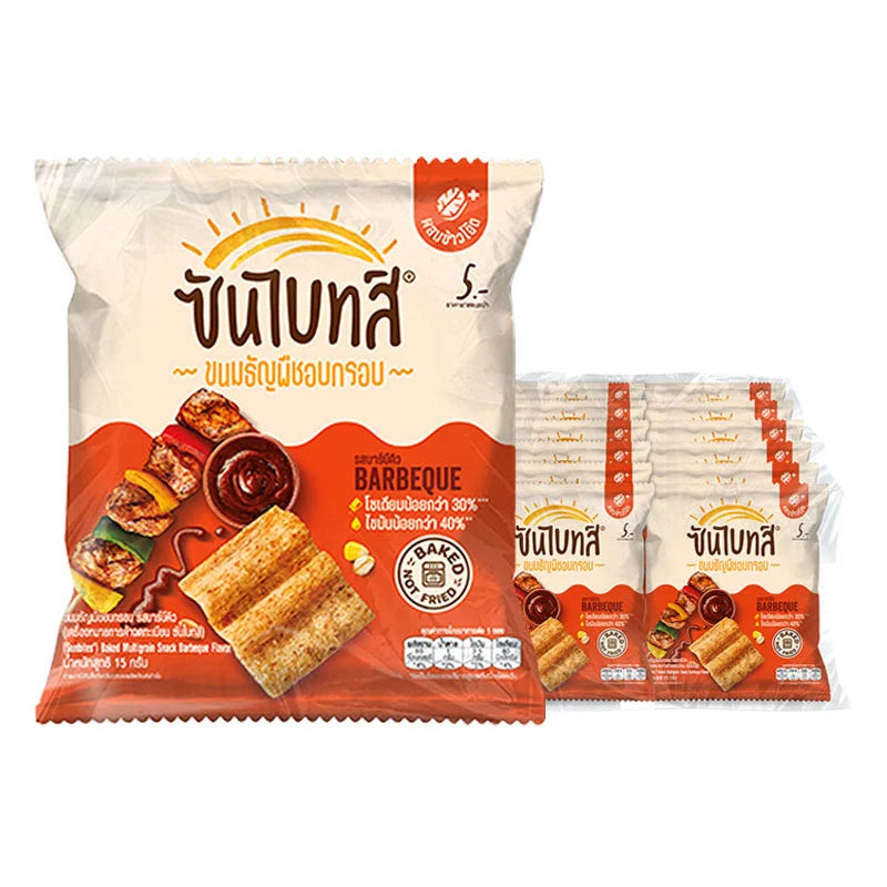 SUNBITES Multi Grain BBQ Snack pack showing colorful multi-grain chips in a clear bag, popular for savory, crunchy snacking.