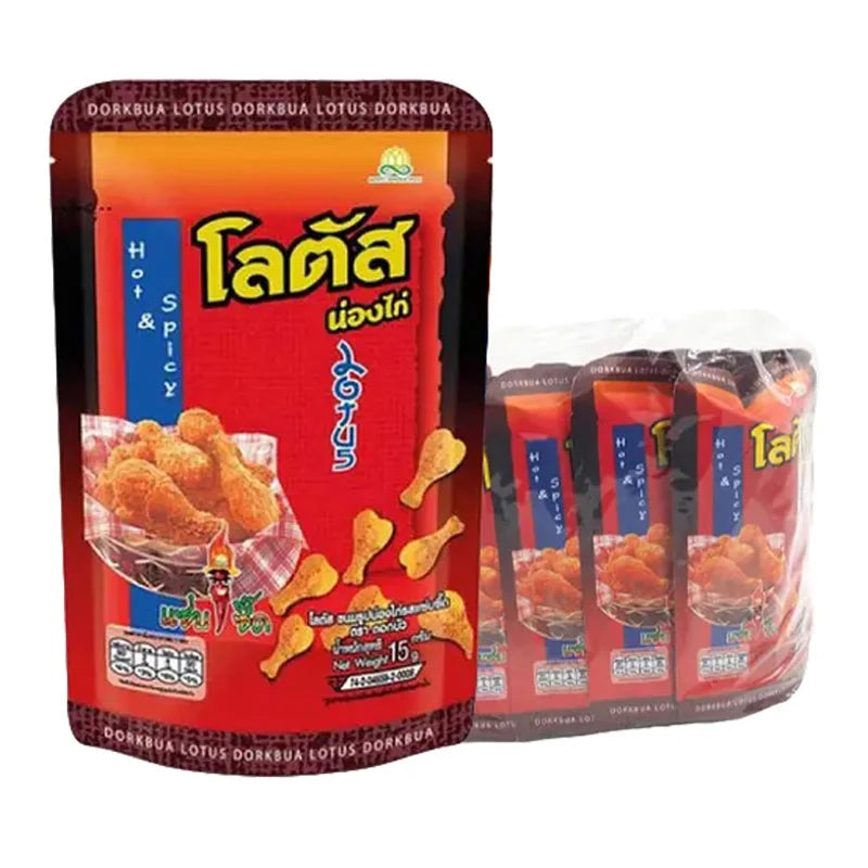 LOTUS Hot Spicy Drum Stick snack pack with 12 packs of 15g each, featuring spicy, crispy snack sticks from the LOTUS brand.