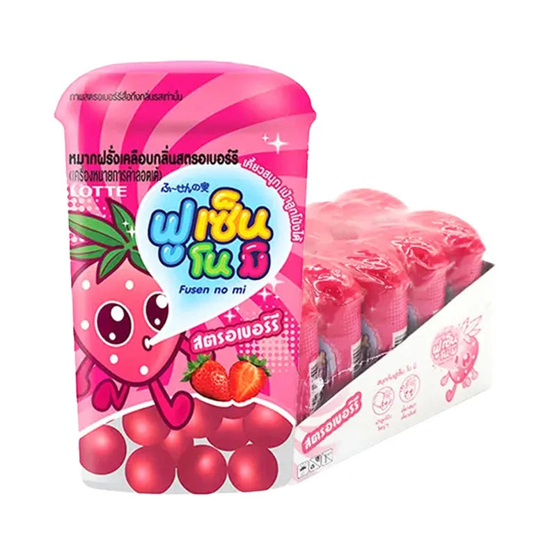 LOTTE Fusen No Mi Strawberry Chewing Gum pack with 10 resealable bags, each containing 15g of fruity strawberry-flavored gum.