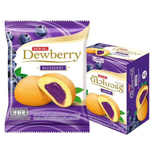 DEWBERRY Puff Cake Blueberry 15g, pack of 12, showing flaky pastry with blueberry filling and packaging.