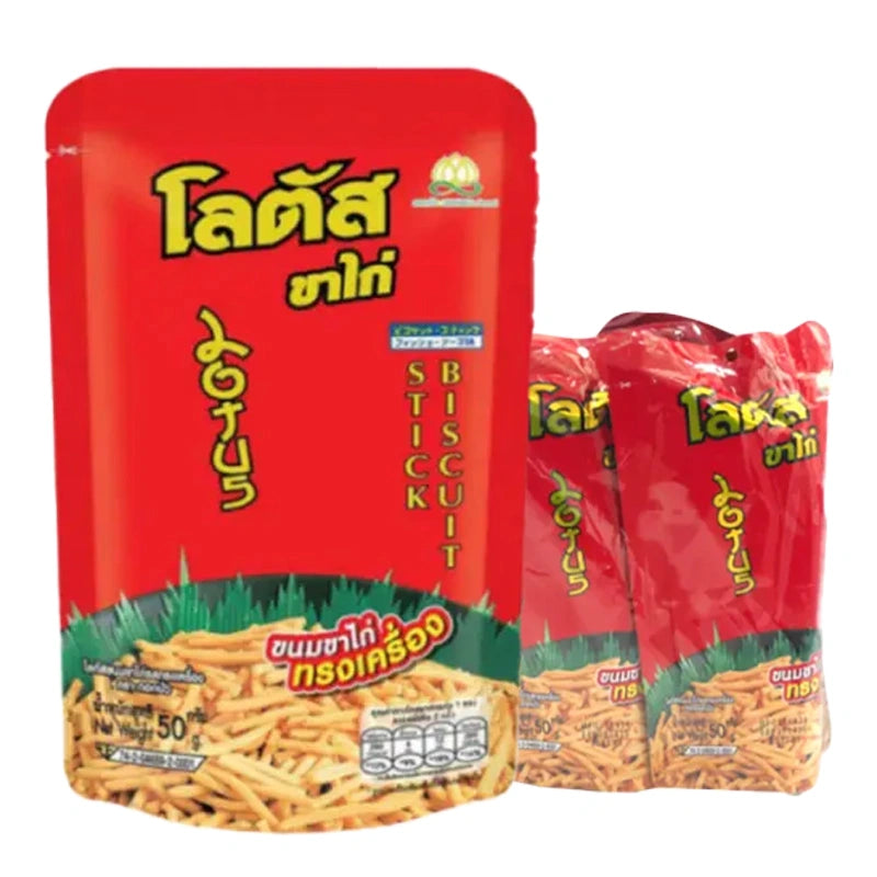 Four packs of LOTUS Original Stick Biscuits, 50g each, featuring golden, crispy biscuits in individual wrappers.