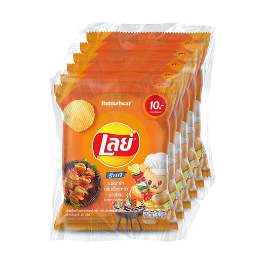 Lay's Rock Potato Chips Extra BBQ flavor in 25g pack, showing crispy chips with smoky barbecue seasoning.