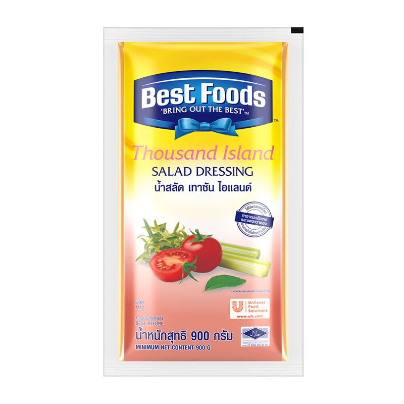 Best Foods Thousand Island dressing 900g bottle with creamy texture and label, ideal for salads and sandwiches.