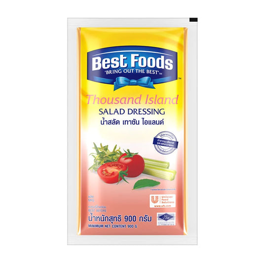 Best Foods Thousand Island dressing 900g bottle with creamy texture and label, ideal for salads and sandwiches.
