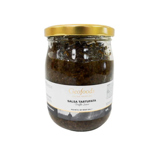 Geo Foods Truffle Sauce Salsa Tartufata in a 500g jar, showcasing the creamy, dark truffle sauce with a textured surface.