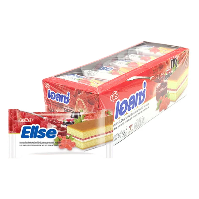 ELLSE Layer Butter Cake with Raspberry, 15g x 24 packs, showing the packaged butter cake with raspberry filling.