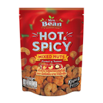 Mrs.Bean Mixed Nuts Hot and Spicy flavor in a clear bowl, showcasing a variety of seasoned, crunchy confectionery snacks.