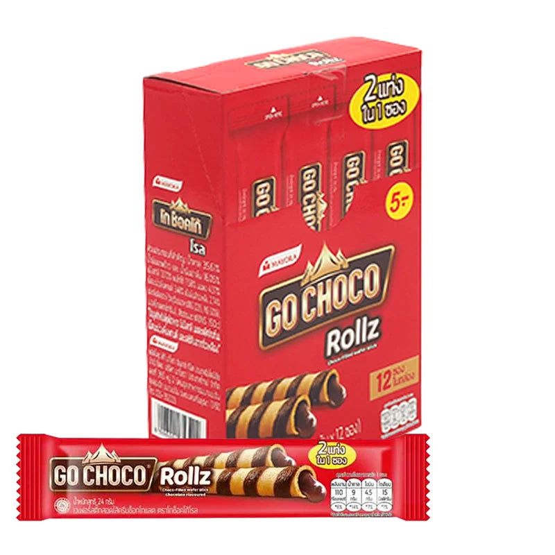 GO CHOCO Rollz Twin 24g chocolates in a pack of 12, featuring chocolate rolls with creamy filling, displayed in a bright setting.