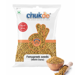 Chuk-De Fenugreek Seeds in a clear glass jar, showing small golden-brown seeds used in cooking and spice blends.