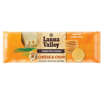 Lanna Valley Organic Rice Crackers with cheese and onion flavor, showing crispy snack pieces in a close-up view