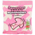 Sainsbury's raspberry foam mushroom sweets, colorful confectionery snacks with a soft foam texture and berry flavor.