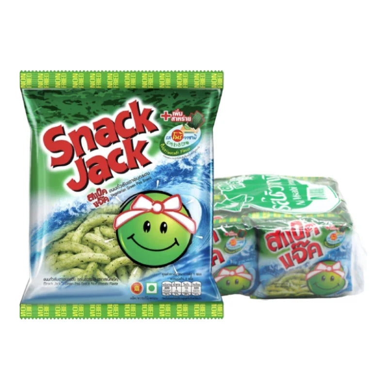 SNACK JACK Green Pea Snack with Nori and Wasabi flavor, 15g pack, showing crispy green pea chips with seaweed and wasabi seasoning.