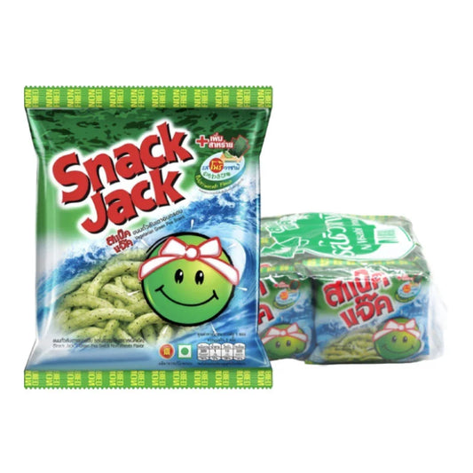 SNACK JACK Green Pea Snack with Nori and Wasabi flavor, 15g pack, showing crispy green pea chips with seaweed and wasabi seasoning.