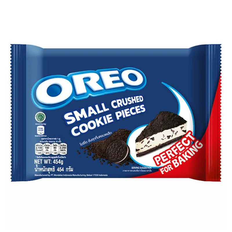 Small crushed Oreo cookie pieces in a 454g package, showing the dark cookie bits and creamy filling details.