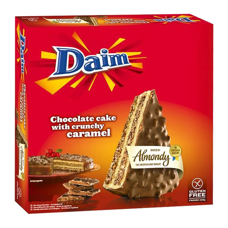 DAIM Chocolate Cake with Crunchy Caramel 400g, showing layered chocolate cake with caramel drizzle and crunchy topping.