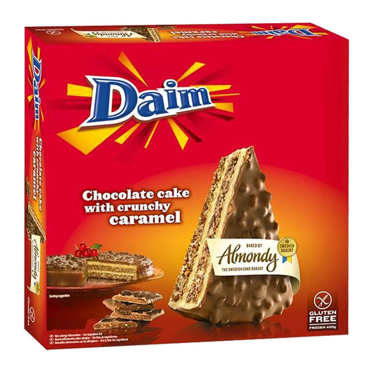 DAIM Chocolate Cake with Crunchy Caramel 400g, showing layered chocolate cake with caramel drizzle and crunchy topping.