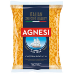 Agnesi Chifferini Rigati #38 pasta in a clear bowl, showcasing the ridged, twisted Italian pasta brand Agnesi.