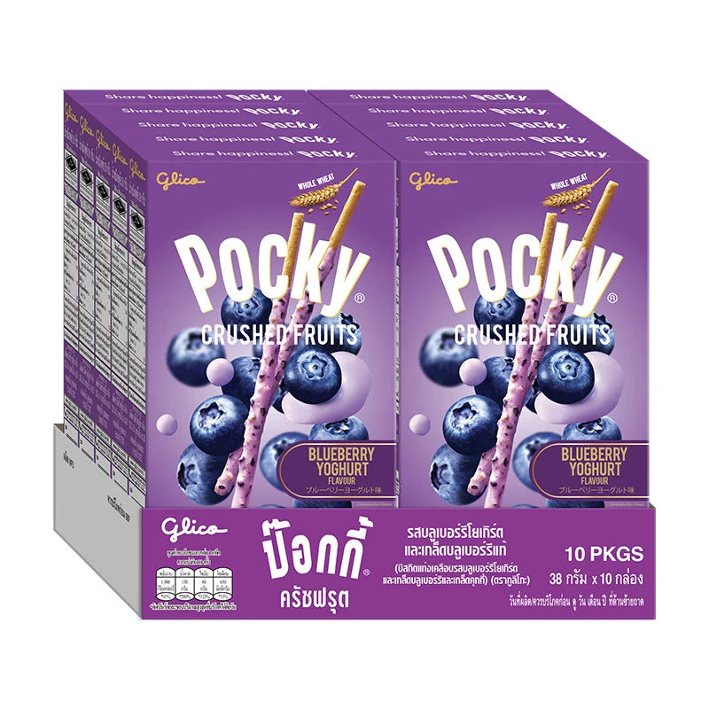 Blueberry-flavored POCKY crushed fruit snack sticks in a clear package, showing the blue and purple fruit pieces inside.