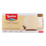 Loacker Tortina White confectionery snack with creamy white filling and chocolate coating, displayed on a white background.