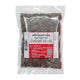 Makro black pepper seeds in a 200g package, close-up of small round black peppercorns on a white background.