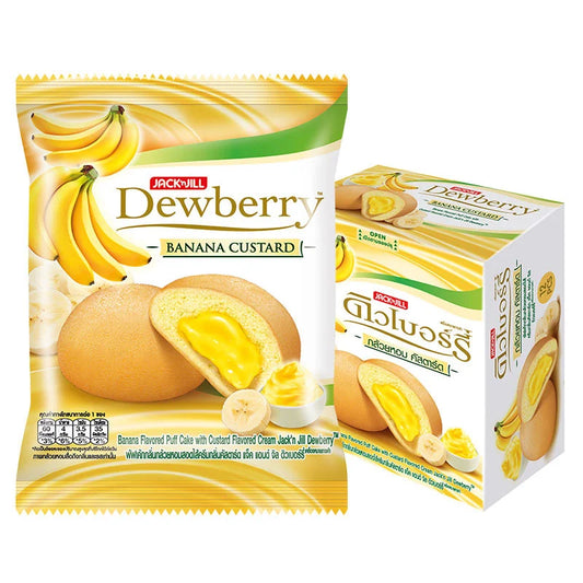 DEWBERRY Banana Custard Cake 15g, 12 pieces, showing individually wrapped banana-flavored custard cakes with branding on packaging.