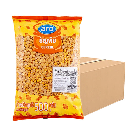 Aro split soy bean pack, 6 x 500g, showing fresh beige soy beans in clear packaging with label and branding.