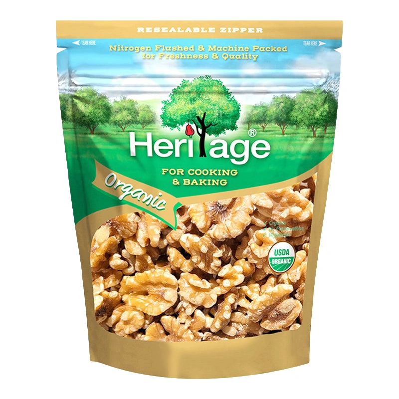 HERITAGE Organic Raw Walnuts in a 200g package, showing a close-up of whole, natural walnuts with textured shells.