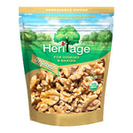 Heritage Organic Raw Walnuts in a 200g package, close-up of whole walnuts with textured shells in a dry grocery setting.