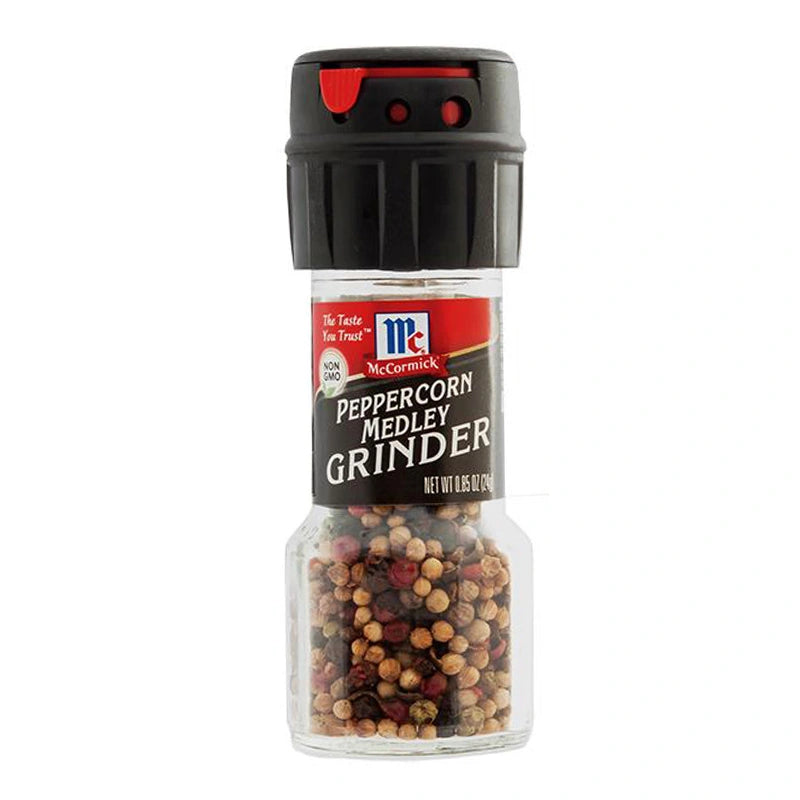 McCormick Peppercorn Medley grinder showing colorful mixed peppercorns in a clear grinder for seasoning and flavoring.