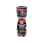 MCCORMICK Peppercorn Medley Grinder with mixed black, white, green, and pink peppercorns in a clear grinder bottle.