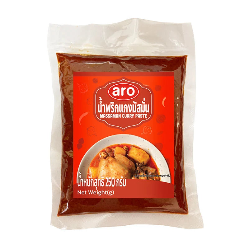 ARO Massaman Curry Paste in 250g jar, showing the label and packaging of the Thai-style curry paste.