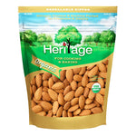 Heritage Organic Raw Whole Almonds in a 250g package, dry grocery product, showing a close-up of whole almonds.
