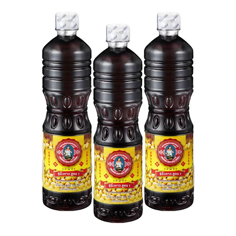Three bottles of MAE KRUA GOLD LABEL BRAND Soybean Sauce Formula 1, 700 ml each, with clear label and golden cap.