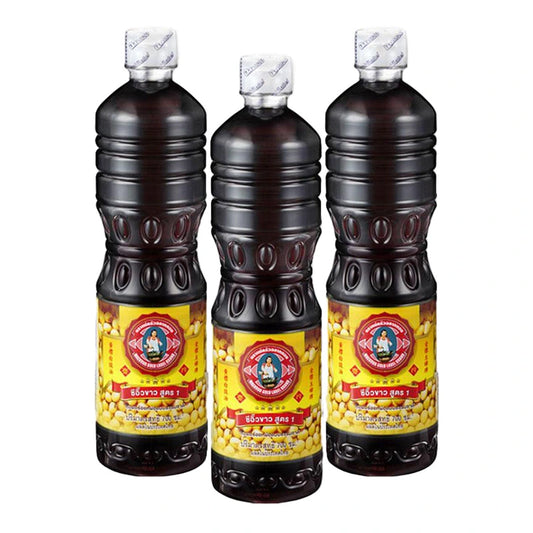 Three bottles of MAE KRUA GOLD LABEL BRAND Soybean Sauce Formula 1, 700 ml each, with clear label and golden cap.